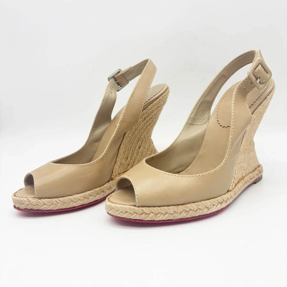Christian Louboutin You Love Beige Leather Slingback Espadrille Wedges Size 36